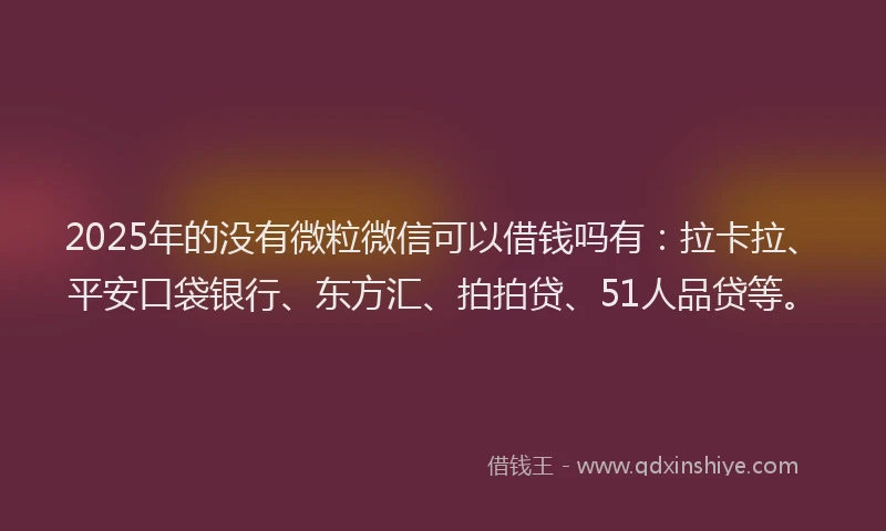 2025年的没有微粒微信可以借钱吗有：拉卡拉、平安口袋银行、东方汇、拍拍贷、51人品贷等。