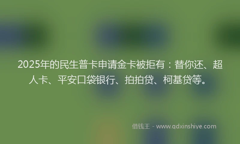 2025年的民生普卡申请金卡被拒有：替你还、超人卡、平安口袋银行、拍拍贷、柯基贷等。