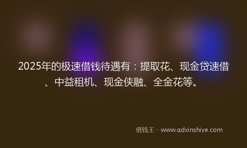 2025年的极速借钱待遇有：提取花、现金贷速借、中益租机、现金侠融、全金花等。