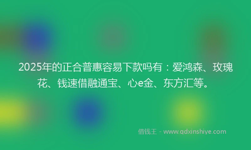 2025年的正合普惠容易下款吗有：爱鸿森、玫瑰花、钱速借融通宝、心e金、东方汇等。