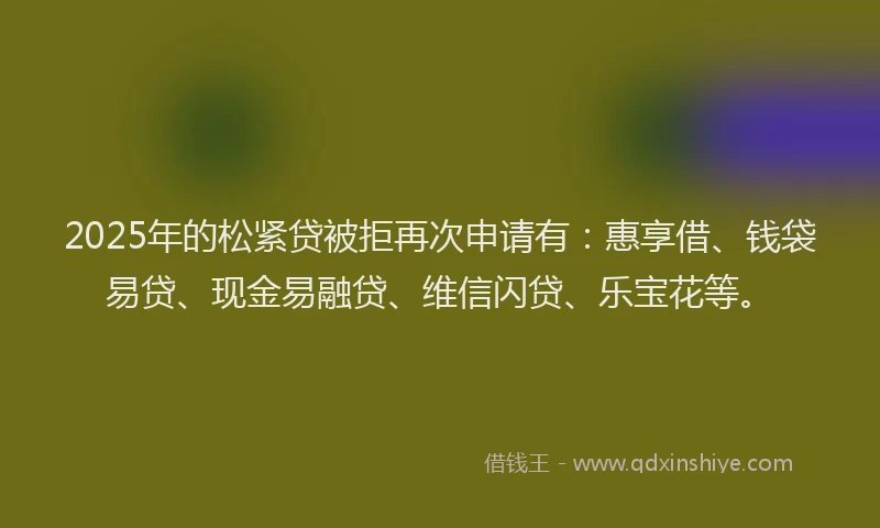 2025年的松紧贷被拒再次申请有：惠享借、钱袋易贷、现金易融贷、维信闪贷、乐宝花等。