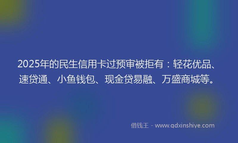 2025年的民生信用卡过预审被拒有：轻花优品、速贷通、小鱼钱包、现金贷易融、万盛商城等。