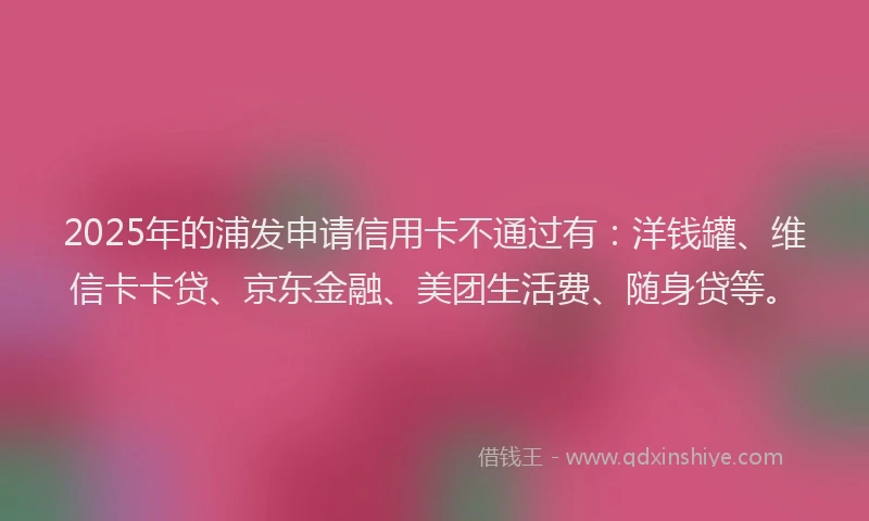2025年的浦发申请信用卡不通过有：洋钱罐、维信卡卡贷、京东金融、美团生活费、随身贷等。