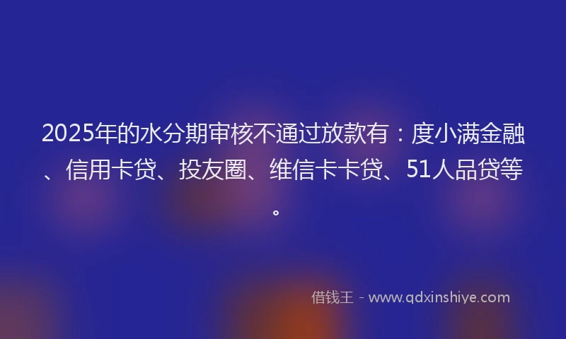 2025年的水分期审核不通过放款有：度小满金融、信用卡贷、投友圈、维信卡卡贷、51人品贷等。