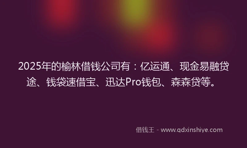 2025年的榆林借钱公司有：亿运通、现金易融贷途、钱袋速借宝、迅达Pro钱包、森森贷等。