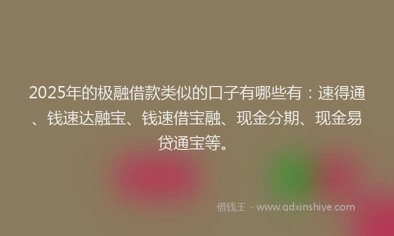 2025年的极融借款类似的口子有哪些有：速得通、钱速达融宝、钱速借宝融、现金分期、现金易贷通宝等。