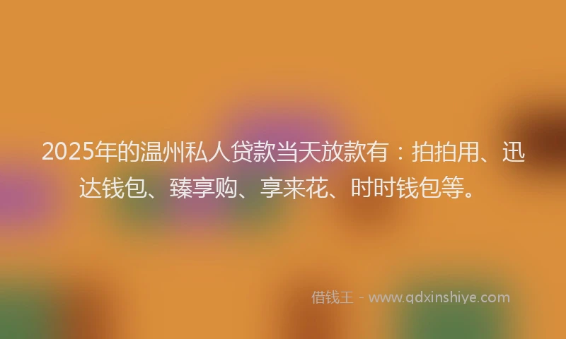 2025年的温州私人贷款当天放款有：拍拍用、迅达钱包、臻享购、享来花、时时钱包等。