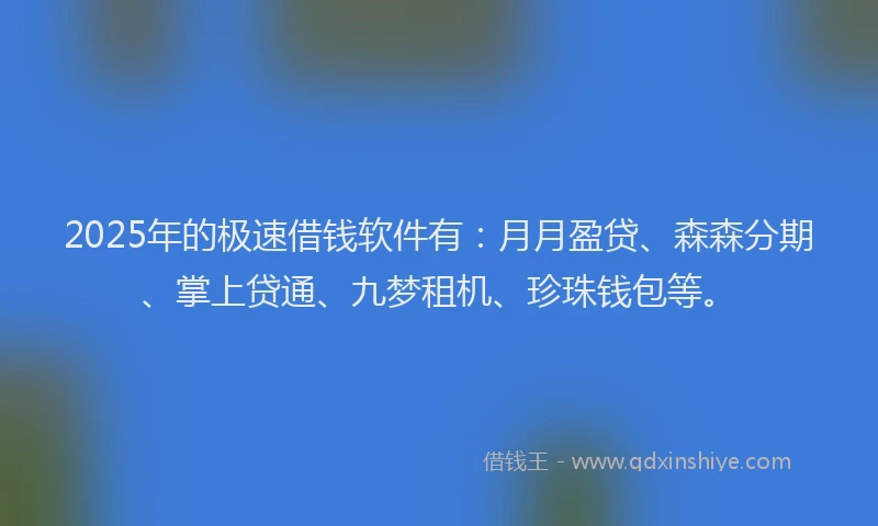 2025年的极速借钱软件有：月月盈贷、森森分期、掌上贷通、九梦租机、珍珠钱包等。