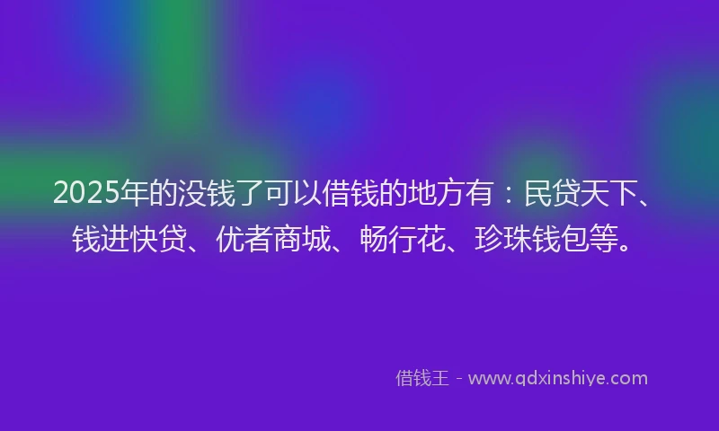 2025年的没钱了可以借钱的地方有：民贷天下、钱进快贷、优者商城、畅行花、珍珠钱包等。