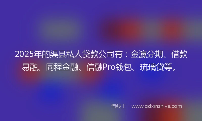2025年的渠县私人贷款公司有：金瀛分期、借款易融、同程金融、信融Pro钱包、琉璃贷等。
