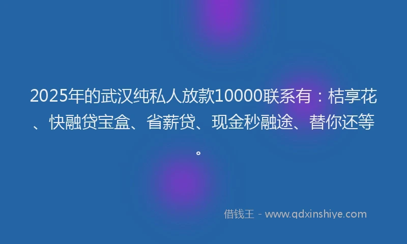 2025年的武汉纯私人放款10000联系有：桔享花、快融贷宝盒、省薪贷、现金秒融途、替你还等。