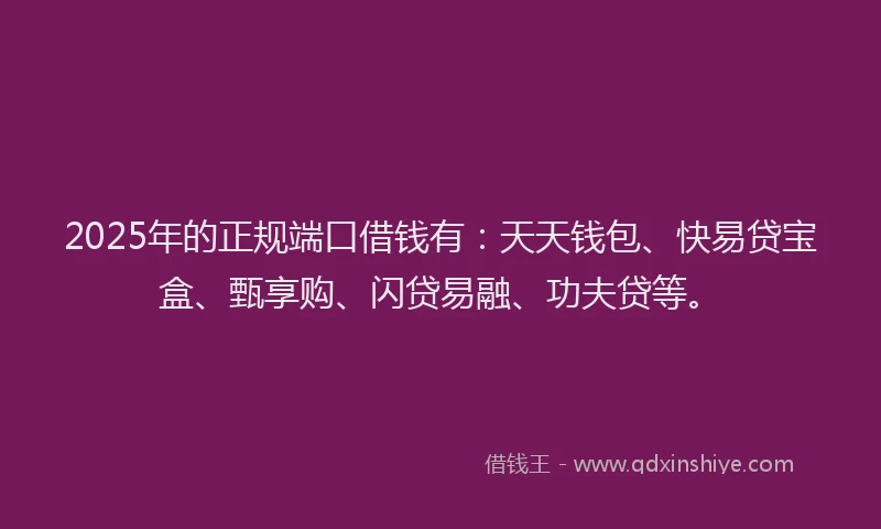 2025年的正规端口借钱有：天天钱包、快易贷宝盒、甄享购、闪贷易融、功夫贷等。