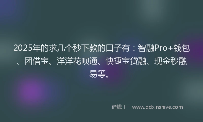 2025年的求几个秒下款的口子有：智融Pro+钱包、团借宝、洋洋花呗通、快捷宝贷融、现金秒融易等。