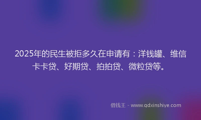 2025年的民生被拒多久在申请有：洋钱罐、维信卡卡贷、好期贷、拍拍贷、微粒贷等。