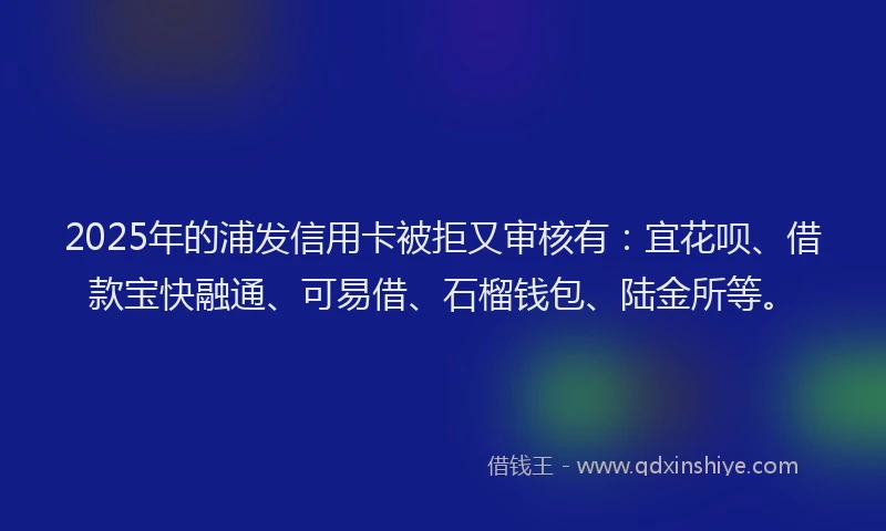 2025年的浦发信用卡被拒又审核有：宜花呗、借款宝快融通、可易借、石榴钱包、陆金所等。