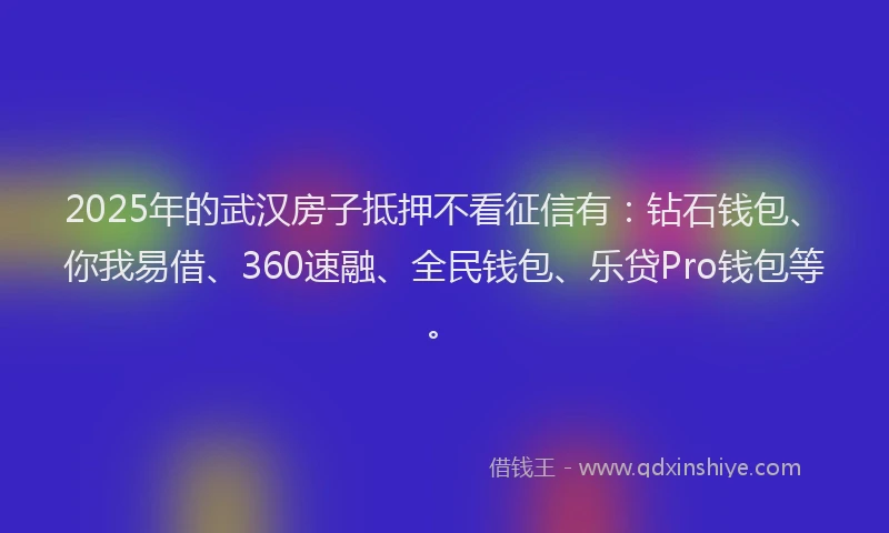 2025年的武汉房子抵押不看征信有：钻石钱包、你我易借、360速融、全民钱包、乐贷Pro钱包等。