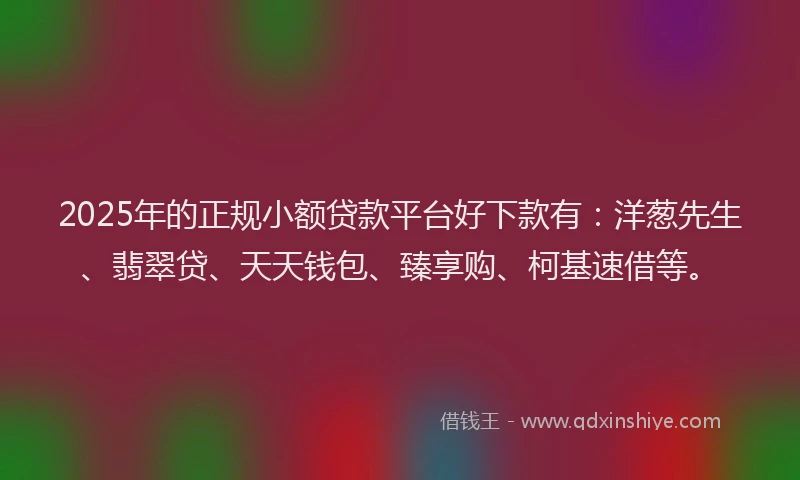 2025年的正规小额贷款平台好下款有：洋葱先生、翡翠贷、天天钱包、臻享购、柯基速借等。