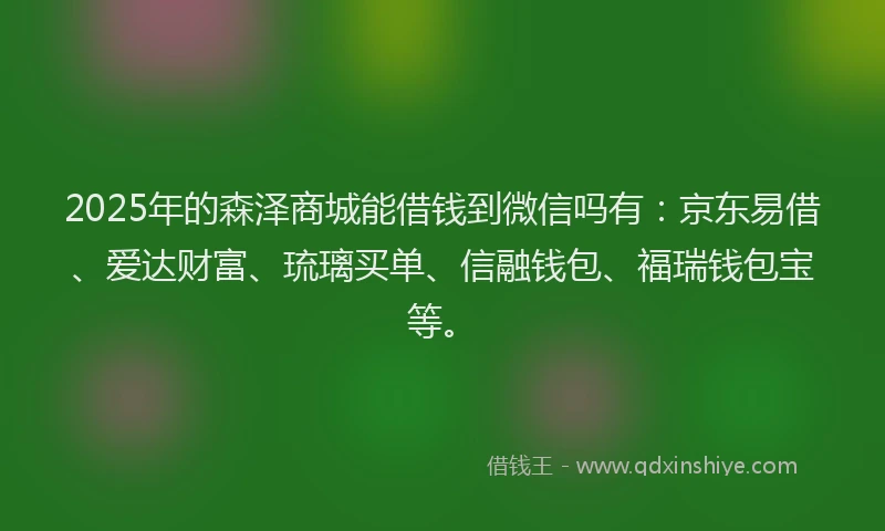 2025年的森泽商城能借钱到微信吗有：京东易借、爱达财富、琉璃买单、信融钱包、福瑞钱包宝等。