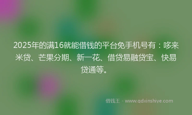 2025年的满16就能借钱的平台免手机号有：哆来米贷、芒果分期、新一花、借贷易融贷宝、快易贷通等。