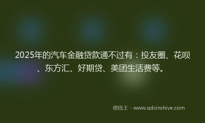 2025年的汽车金融贷款通不过有：投友圈、花呗、东方汇、好期贷、美团生活费等。