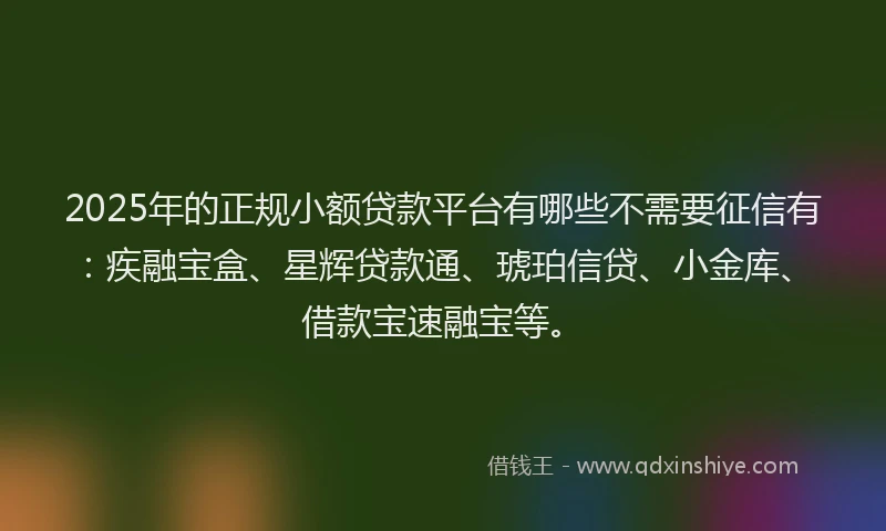 2025年的正规小额贷款平台有哪些不需要征信有：疾融宝盒、星辉贷款通、琥珀信贷、小金库、借款宝速融宝等。