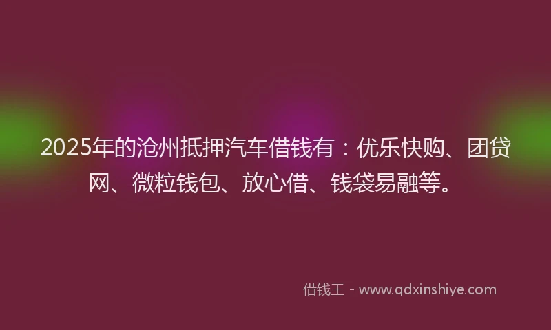 2025年的沧州抵押汽车借钱有：优乐快购、团贷网、微粒钱包、放心借、钱袋易融等。