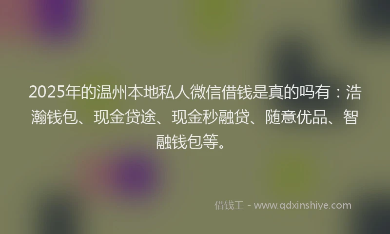 2025年的温州本地私人微信借钱是真的吗有：浩瀚钱包、现金贷途、现金秒融贷、随意优品、智融钱包等。