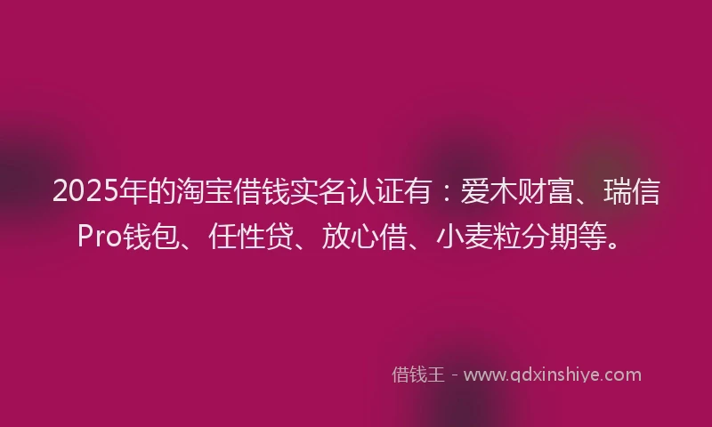 2025年的淘宝借钱实名认证有：爱木财富、瑞信Pro钱包、任性贷、放心借、小麦粒分期等。
