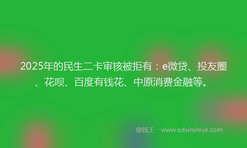 2025年的民生二卡审核被拒有：e微贷、投友圈、花呗、百度有钱花、中原消费金融等。