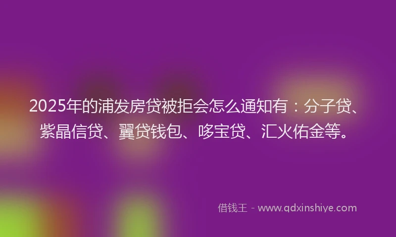 2025年的浦发房贷被拒会怎么通知有：分子贷、紫晶信贷、翼贷钱包、哆宝贷、汇火佑金等。