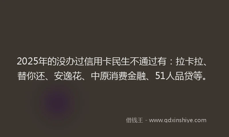 2025年的没办过信用卡民生不通过有：拉卡拉、替你还、安逸花、中原消费金融、51人品贷等。
