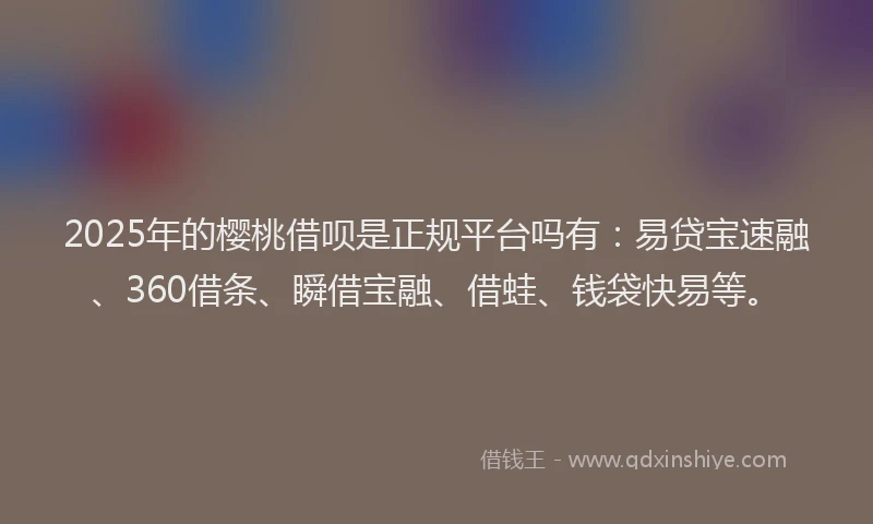 2025年的樱桃借呗是正规平台吗有：易贷宝速融、360借条、瞬借宝融、借蛙、钱袋快易等。