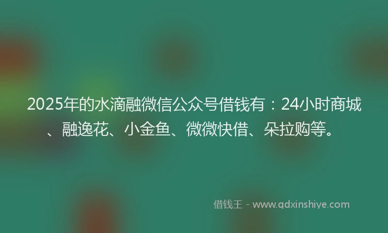 2025年的水滴融微信公众号借钱有：24小时商城、融逸花、小金鱼、微微快借、朵拉购等。