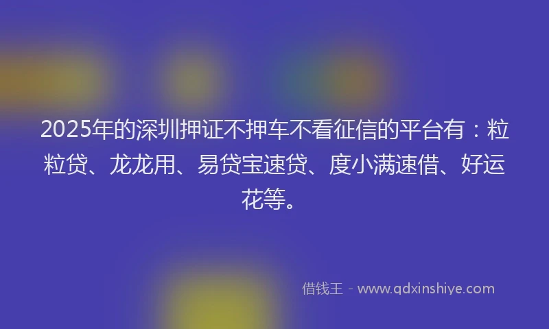 2025年的深圳押证不押车不看征信的平台有：粒粒贷、龙龙用、易贷宝速贷、度小满速借、好运花等。
