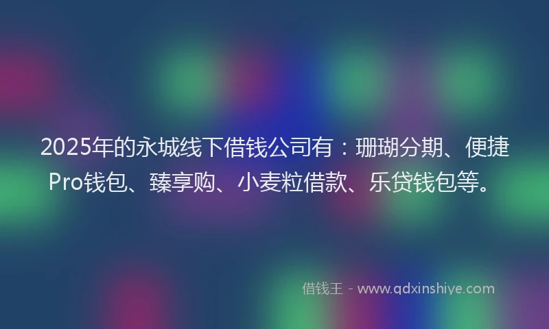 2025年的永城线下借钱公司有：珊瑚分期、便捷Pro钱包、臻享购、小麦粒借款、乐贷钱包等。