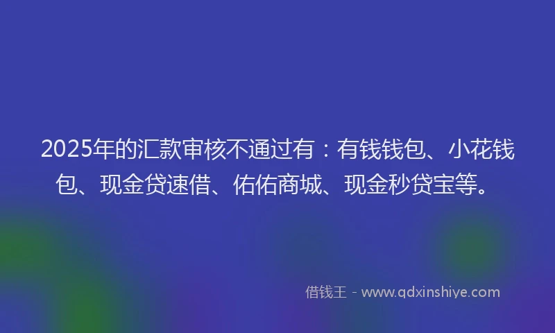 2025年的汇款审核不通过有：有钱钱包、小花钱包、现金贷速借、佑佑商城、现金秒贷宝等。
