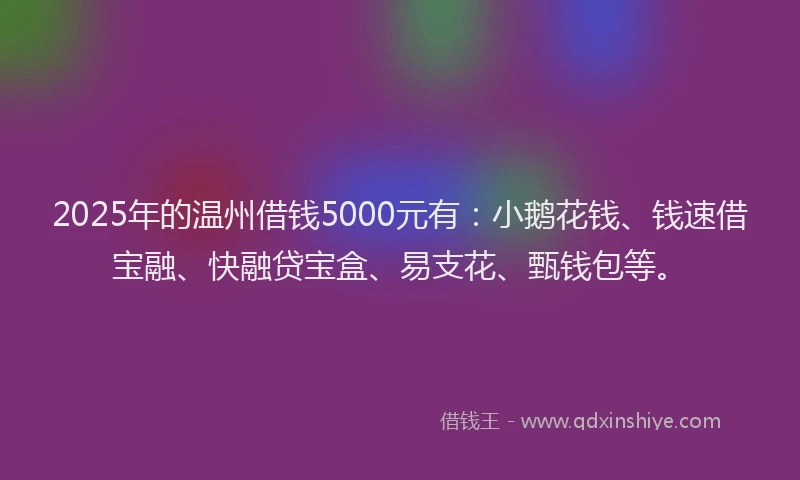 2025年的温州借钱5000元有：小鹅花钱、钱速借宝融、快融贷宝盒、易支花、甄钱包等。