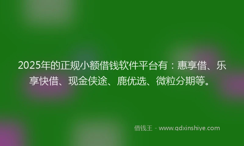 2025年的正规小额借钱软件平台有：惠享借、乐享快借、现金侠途、鹿优选、微粒分期等。