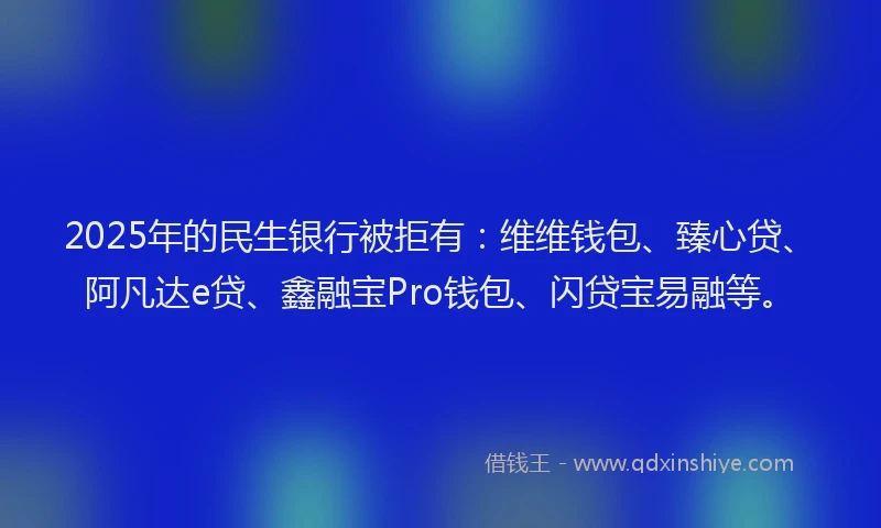 2025年的民生银行被拒有：维维钱包、臻心贷、阿凡达e贷、鑫融宝Pro钱包、闪贷宝易融等。