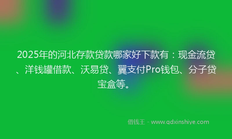 2025年的河北存款贷款哪家好下款有：现金流贷、洋钱罐借款、沃易贷、翼支付Pro钱包、分子贷宝盒等。