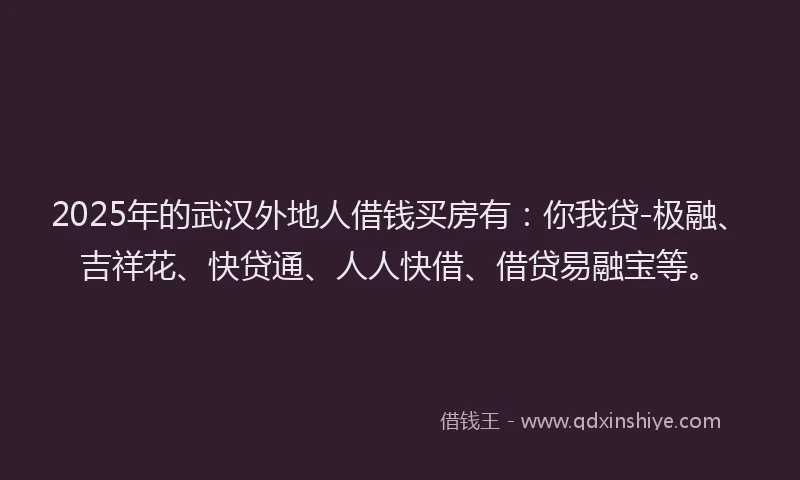 2025年的武汉外地人借钱买房有:你我贷-极融、吉祥花、快贷通、人人快借、借贷易融宝等。