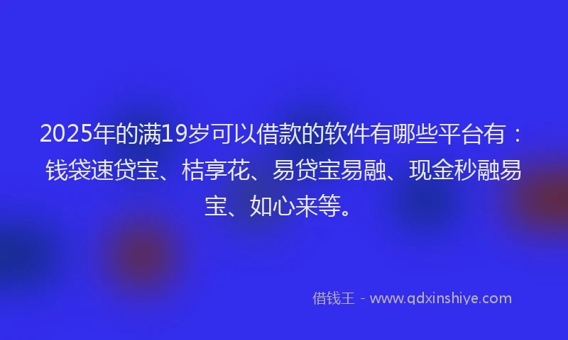 2025年的满19岁可以借款的软件有哪些平台有：钱袋速贷宝、桔享花、易贷宝易融、现金秒融易宝、如心来等。