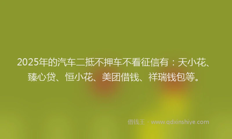 2025年的汽车二抵不押车不看征信有：天小花、臻心贷、恒小花、美团借钱、祥瑞钱包等。