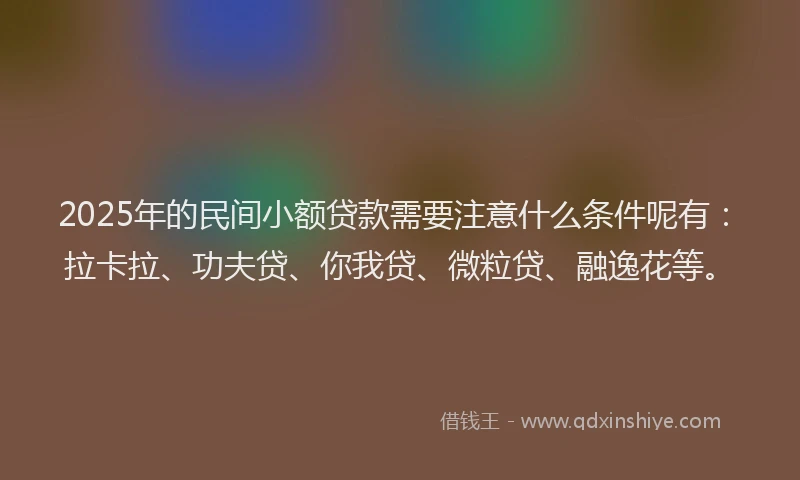 2025年的民间小额贷款需要注意什么条件呢有：拉卡拉、功夫贷、你我贷、微粒贷、融逸花等。