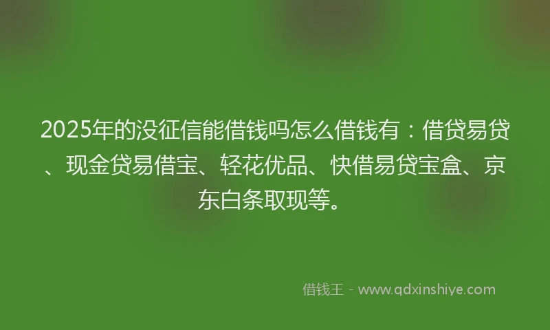 2025年的没征信能借钱吗怎么借钱有：借贷易贷、现金贷易借宝、轻花优品、快借易贷宝盒、京东白条取现等。