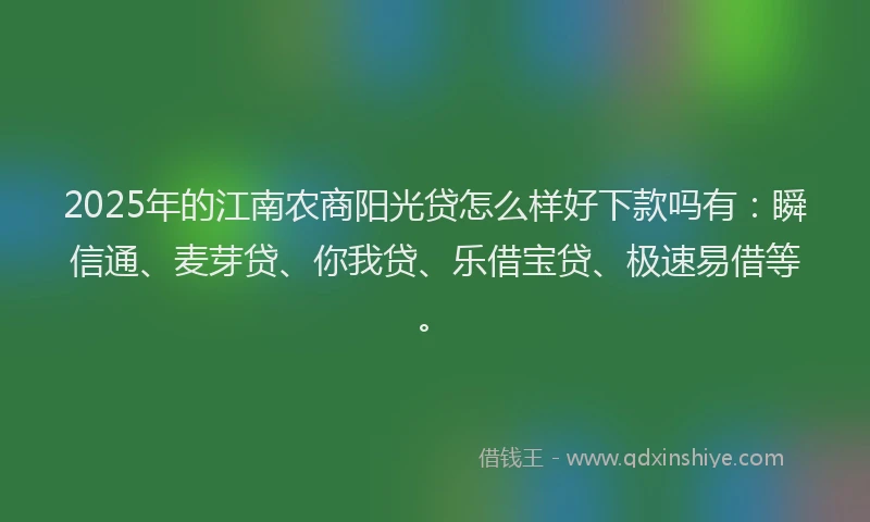2025年的江南农商阳光贷怎么样好下款吗有：瞬信通、麦芽贷、你我贷、乐借宝贷、极速易借等。