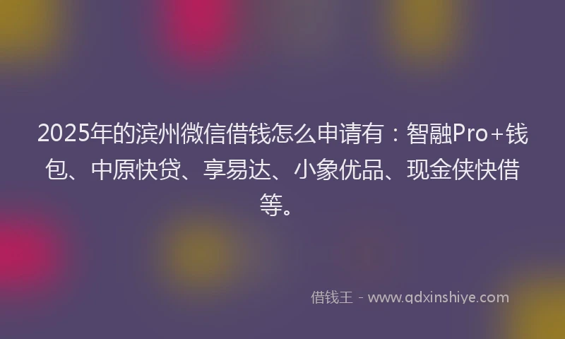 2025年的滨州微信借钱怎么申请有：智融Pro+钱包、中原快贷、享易达、小象优品、现金侠快借等。