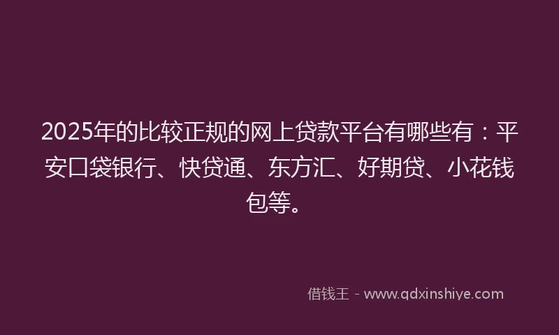2025年的比较正规的网上贷款平台有哪些有：平安口袋银行、快贷通、东方汇、好期贷、小花钱包等。