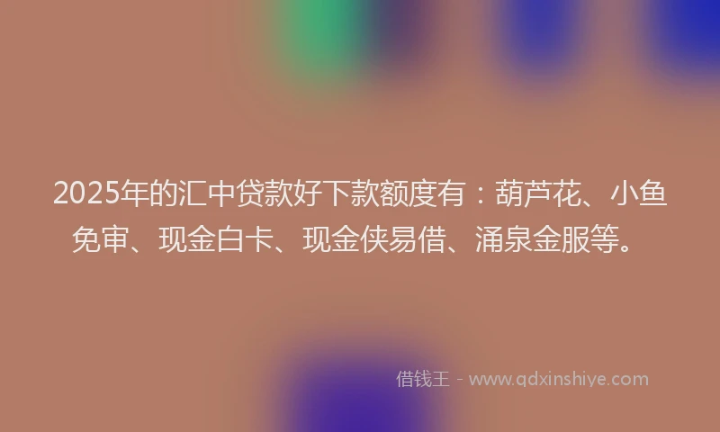 2025年的汇中贷款好下款额度有：葫芦花、小鱼免审、现金白卡、现金侠易借、涌泉金服等。