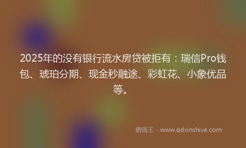 2025年的没有银行流水房贷被拒有：瑞信Pro钱包、琥珀分期、现金秒融途、彩虹花、小象优品等。
